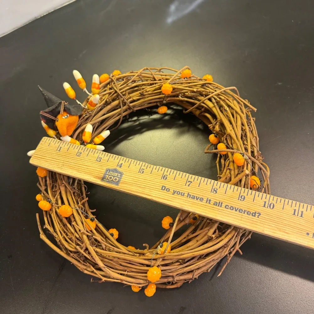 Halloween Wreath 10in Orange Candy Corn Pumpkin Witch Grapevine Rustic Decor